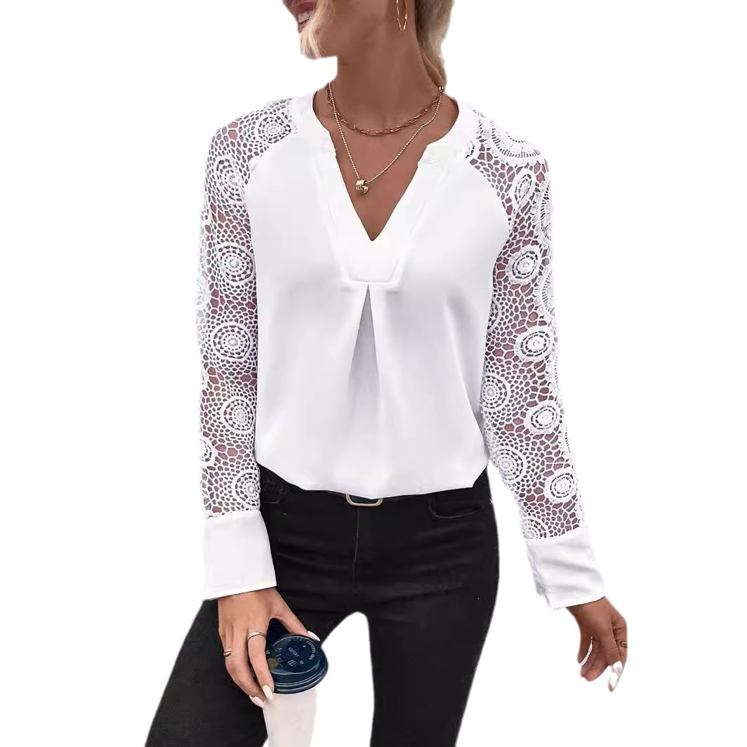 Casual lace stitching long sleeve solid color top 2