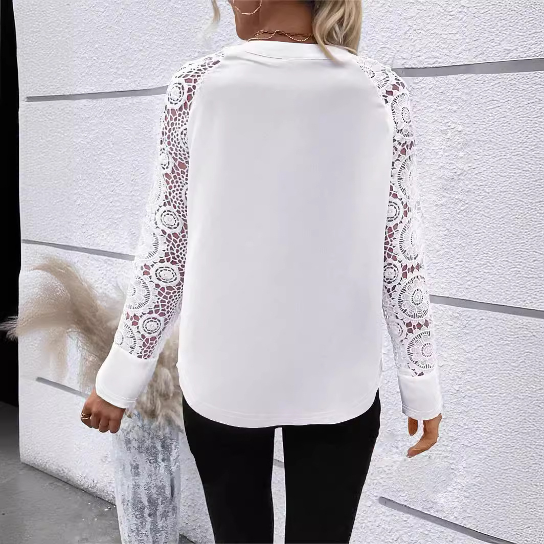 Casual lace stitching long sleeve solid color top 2