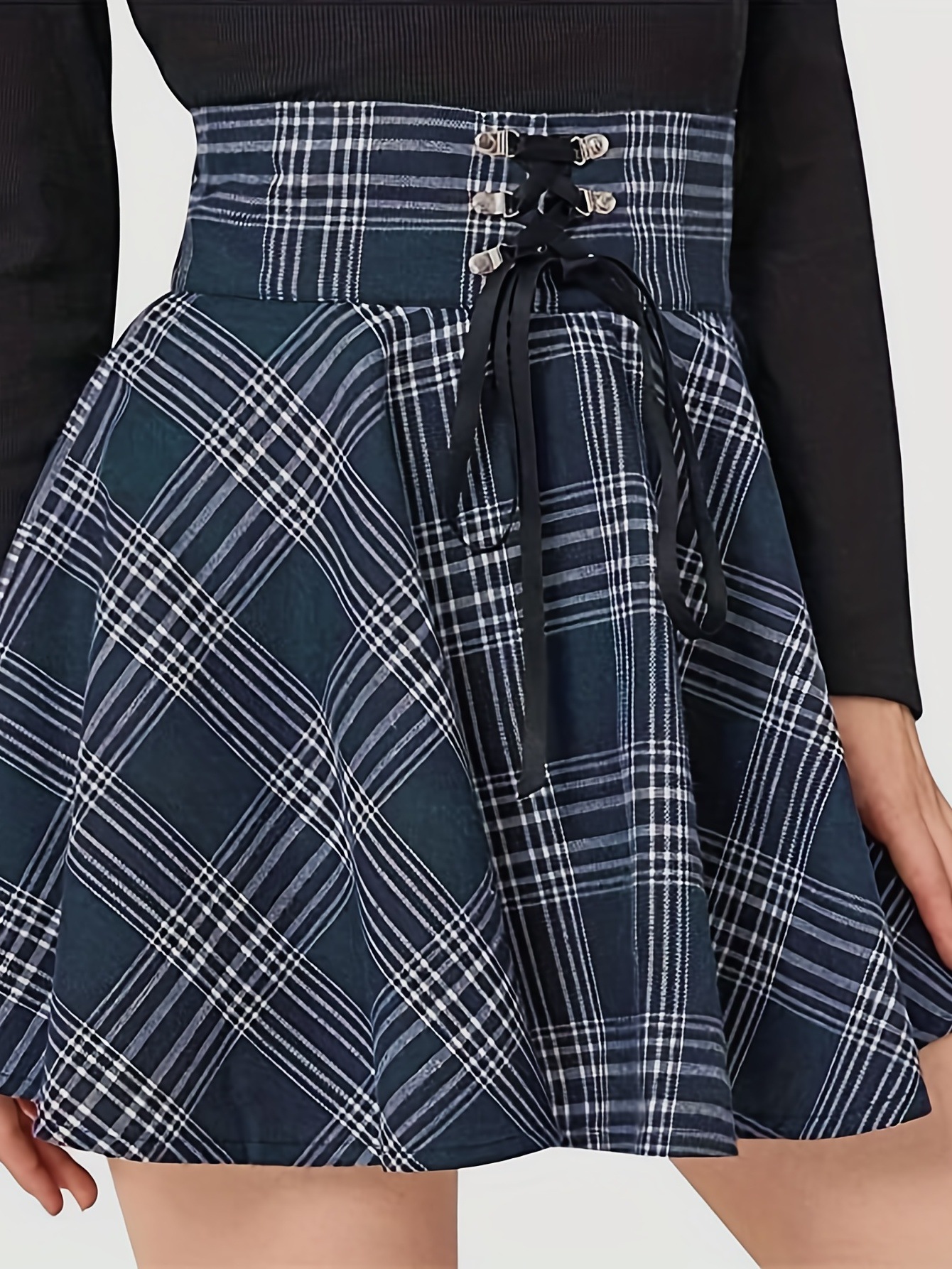 Casual slim high waist plaid print A-line skirt 33 02