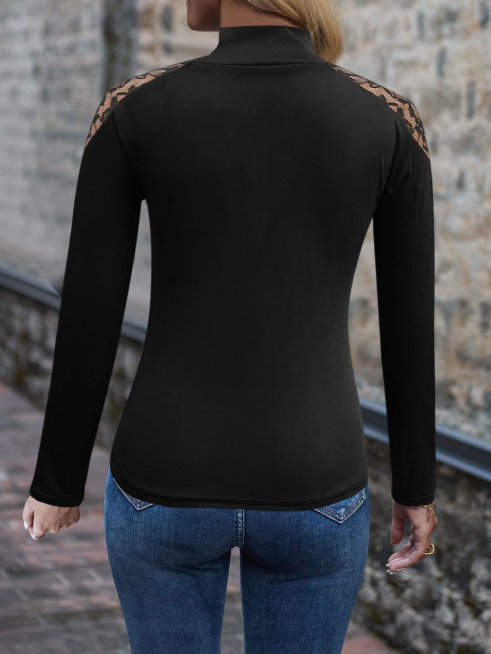 Lace patchwork long sleeve solid color bottoming 15