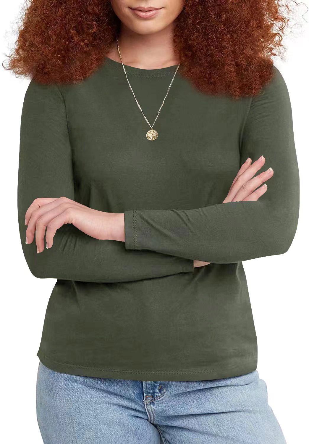 Round neck solid color long sleeve top casual loose 10