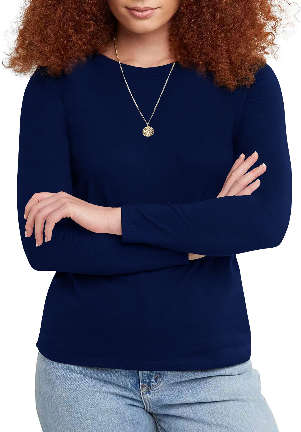 Round neck solid color long sleeve top casual loose 10