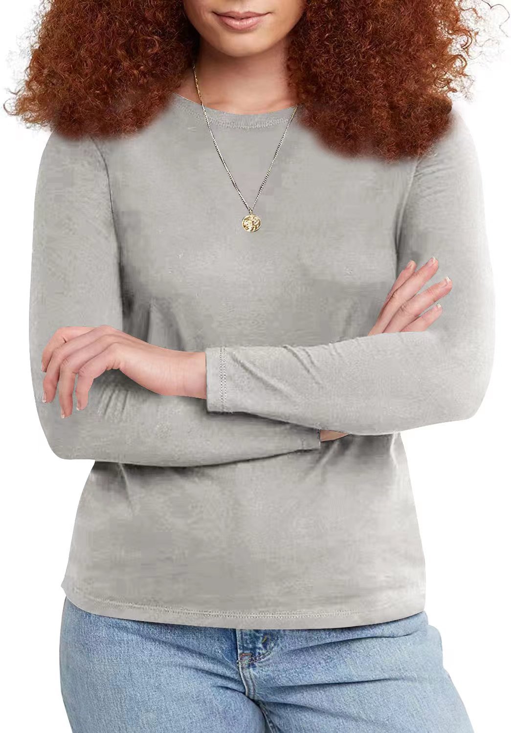 Round neck solid color long sleeve top casual loose 10