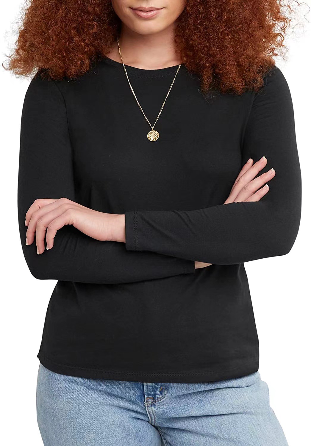 Round neck solid color long sleeve top casual loose 10