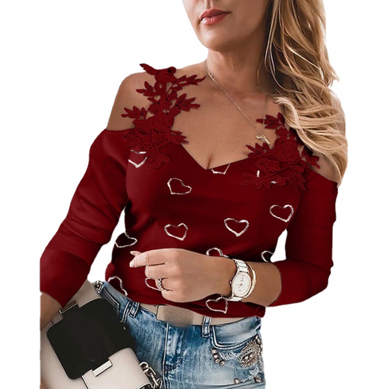 Solid color lace fashionable long sleeve top 11