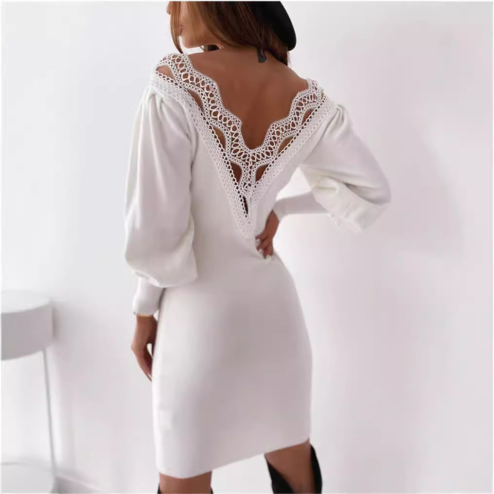 Solid color sexy backless hollow lace dress 20