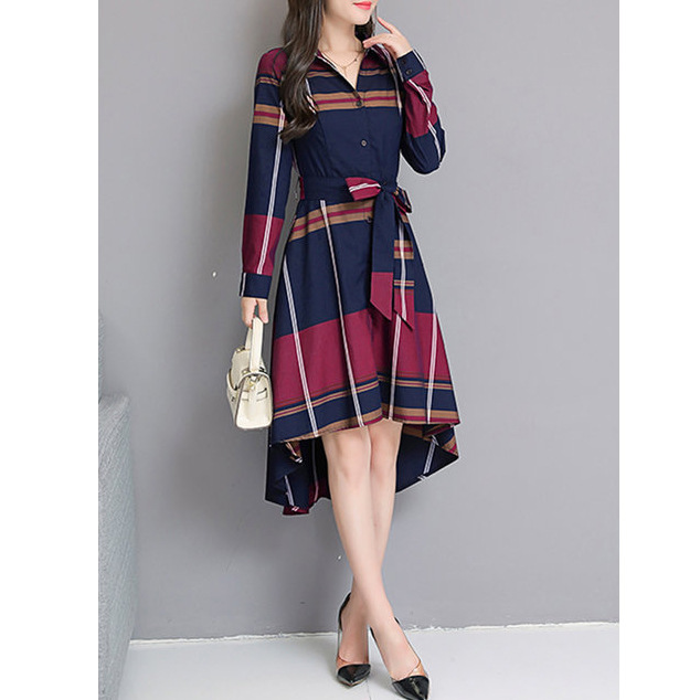 Temperament plaid long-sleeved shirt waist dress 21 01