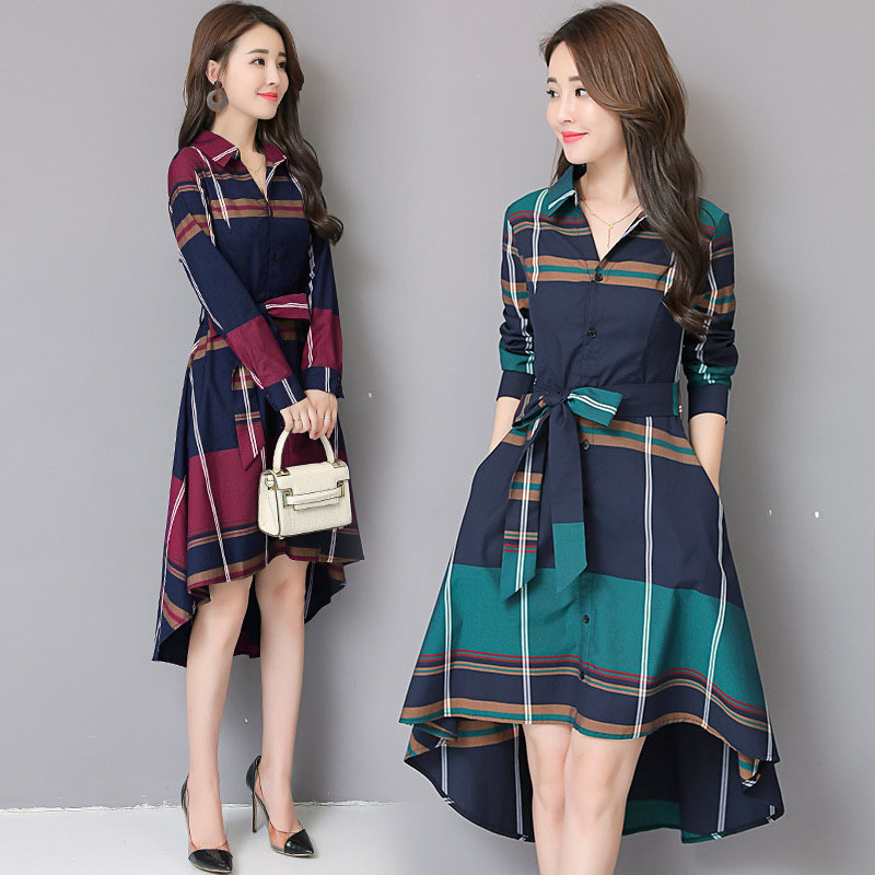 Temperament plaid long-sleeved shirt waist dress 21 02
