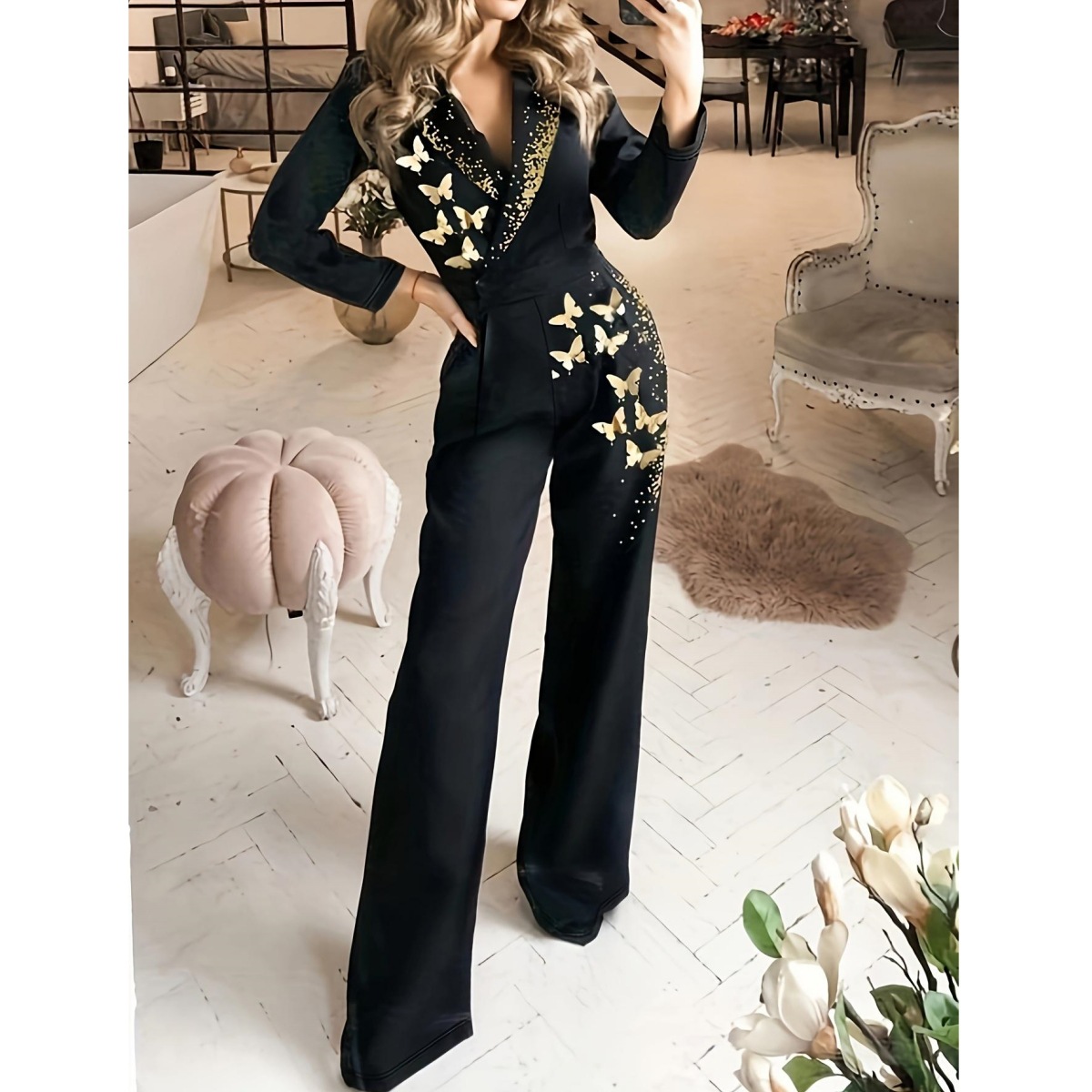Elegant slim fit printed pocket zipper jumpsuit 56 01