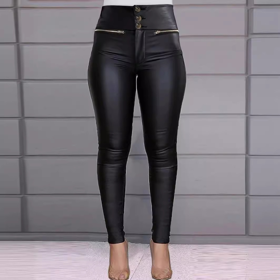 Fashion button zipper slim fit solid color leather pants 48 02