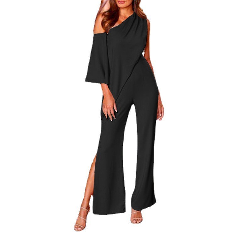 Off-shoulder solid color casual wide-leg jumpsuit 60 02
