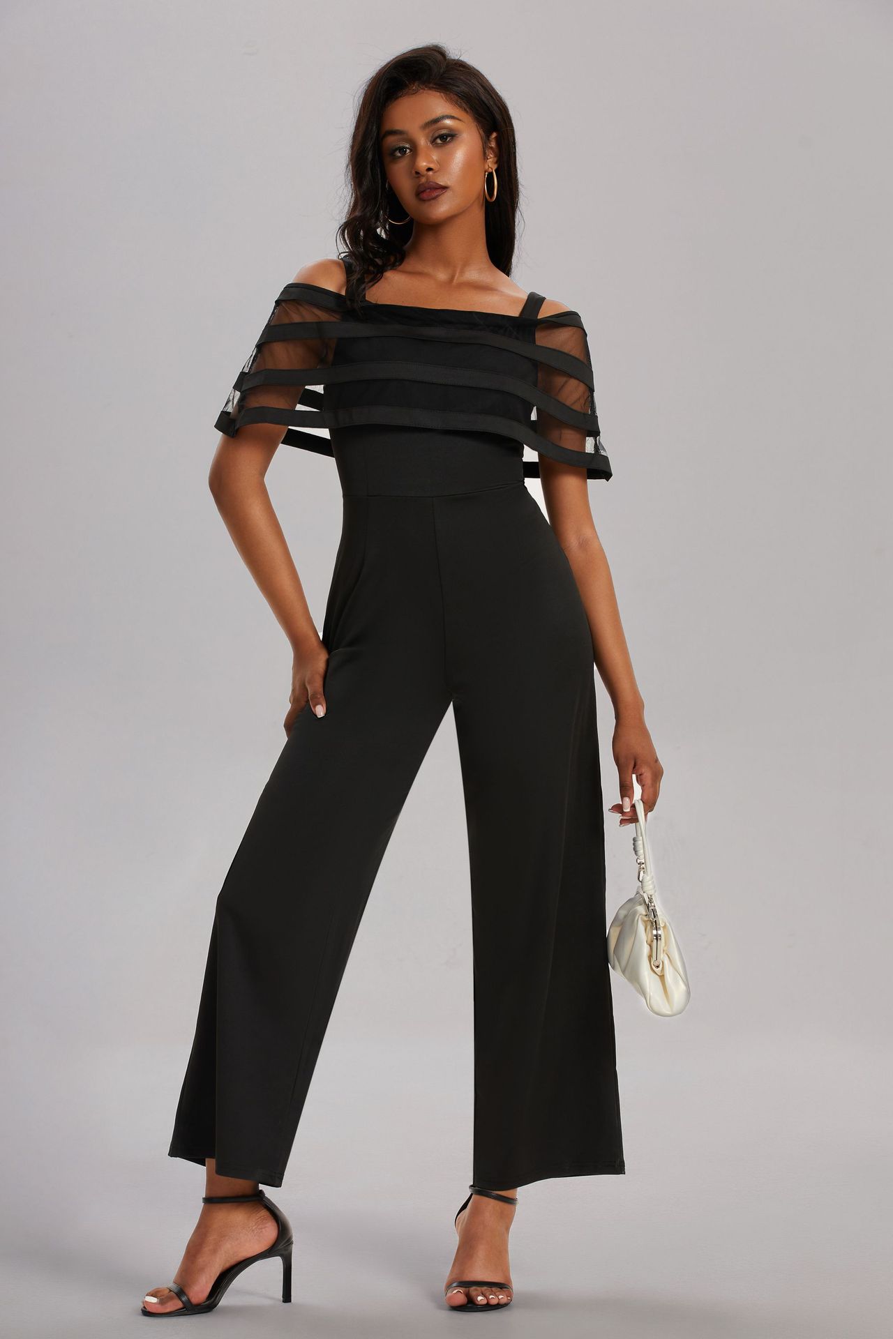 Off-shoulder solid color high waist suspender jumpsuit 55