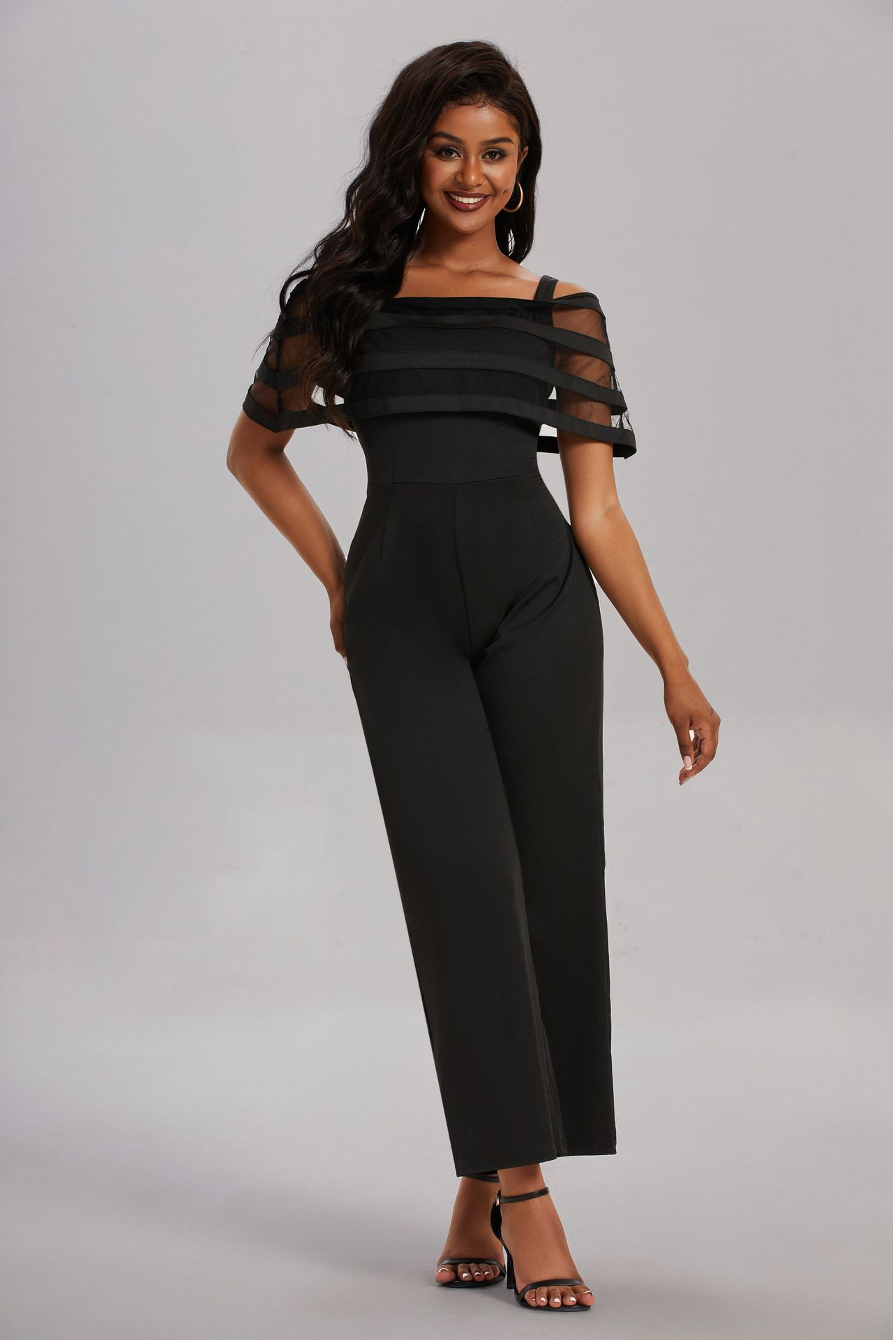 Off-shoulder solid color high waist suspender jumpsuit 55 01