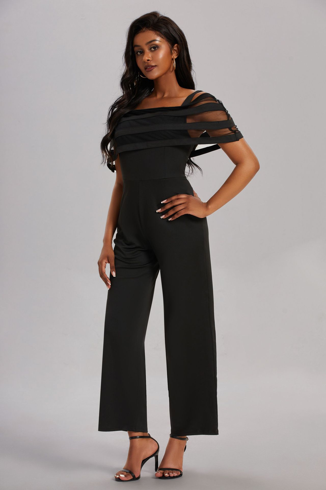 Off-shoulder solid color high waist suspender jumpsuit 55 02