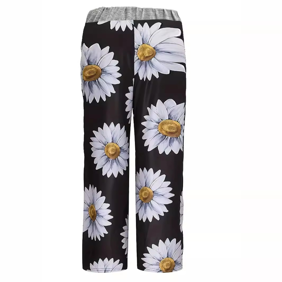Sunflower print lace-up loose trousers 50