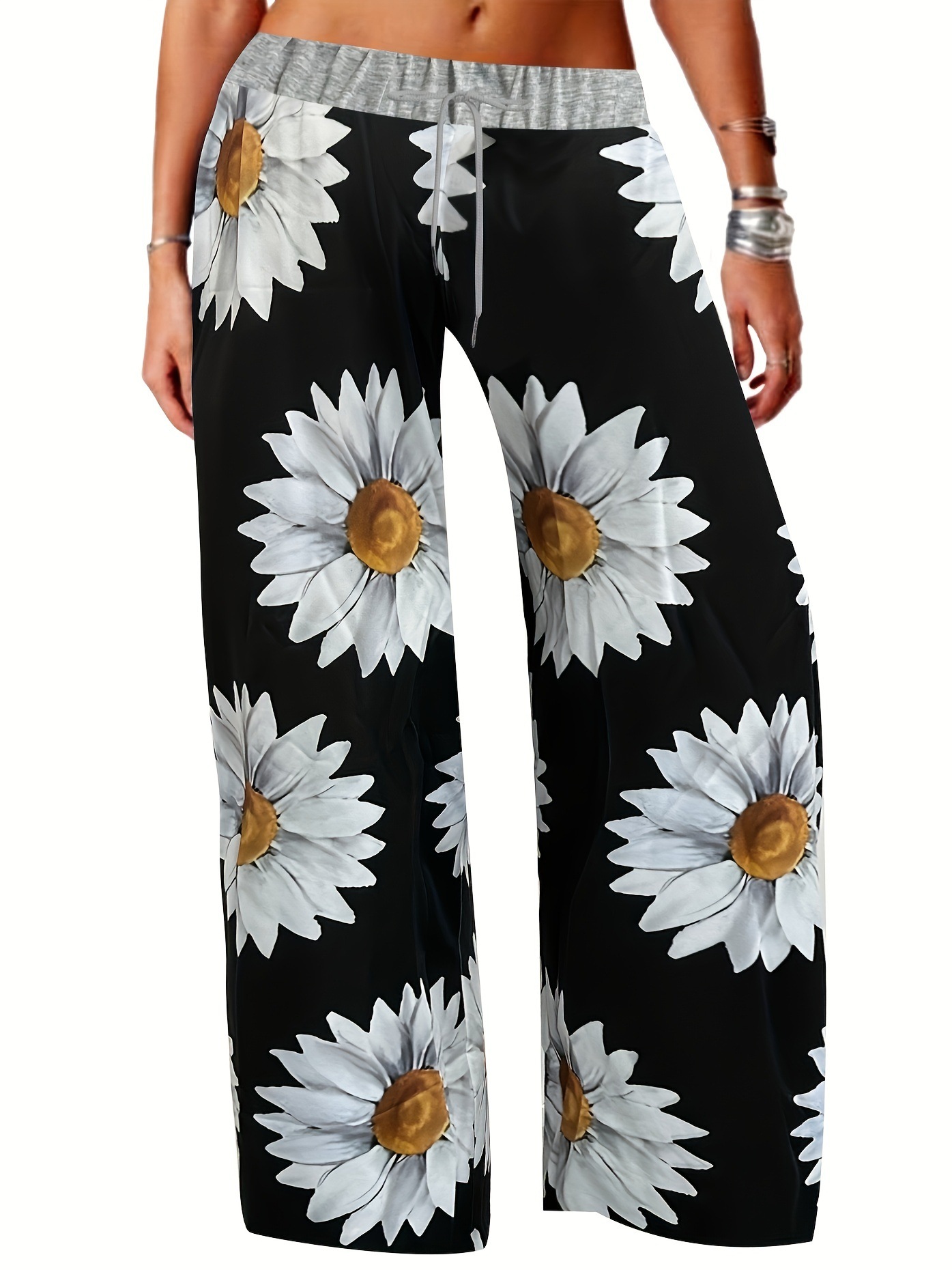 Sunflower print lace-up loose trousers 50