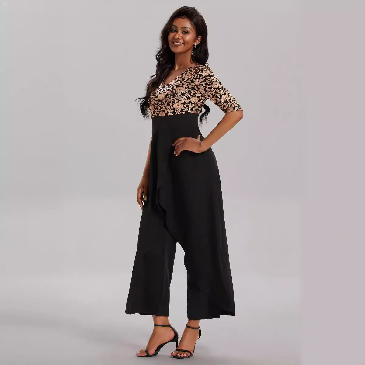 V-neck mid-sleeve printed loose slit jumpsuit 58 02